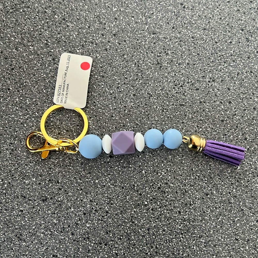 Light Blue and White Bead and Tassel Key Ring